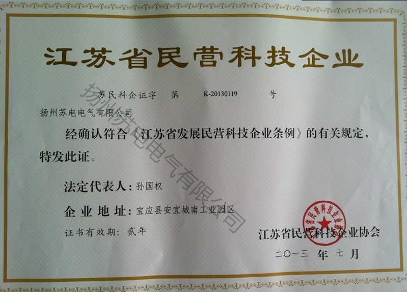 江蘇省民營科技企業(yè)榮譽證書